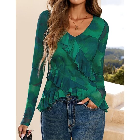 Women's Floral V Neck Ruffle Blouse Long Sleeve Fall Fashion Top - Picture 4 of 7